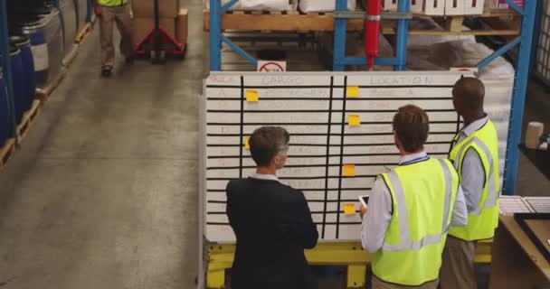 Verhoogde Weergave Van Middelbare Leeftijd Kaukasische Vrouwelijke Warehouse Manager Briefing — Stockvideo