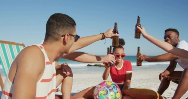 Mutlu genç yetişkin erkek ve kadın arkadaşlar bir plajda birlikte asılı, onların şişe ile bir tost yapma, oturma ve bira içme çok ırklı bir grup yakın. Genç arkadaşlar birlikte 4k plajda yaz eğlencesi