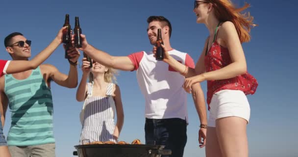 ビーチに立つ若い大人の友人の多民族グループのローアングルクローズアップバーベキューを持って ボトルで乾杯し ビールを飲みます 一緒にビーチで夏の楽しみを持っている若い友人4K — ストック動画