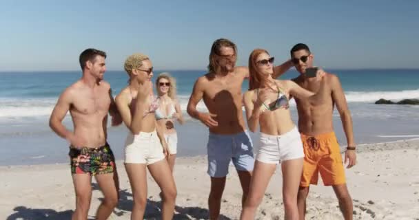 一个多种族群体的特写 六个快乐的年轻成年朋友在沙滩上合影留念 年轻的朋友在沙滩上享受夏天的乐趣 一起4K — 图库视频影像