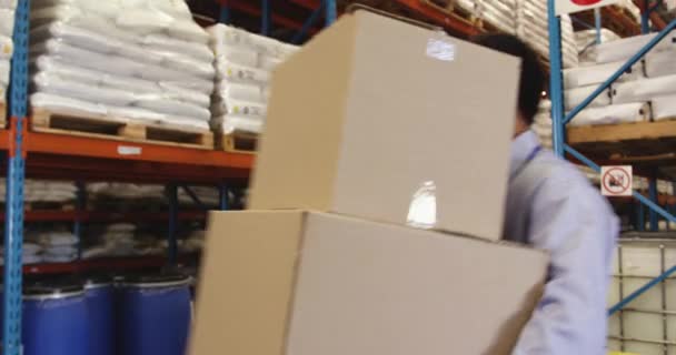 倉庫の荷室にタブレットを使用している中年の白人男性倉庫マネージャー スタッフは箱を運ぶことによって通過しながら — ストック動画