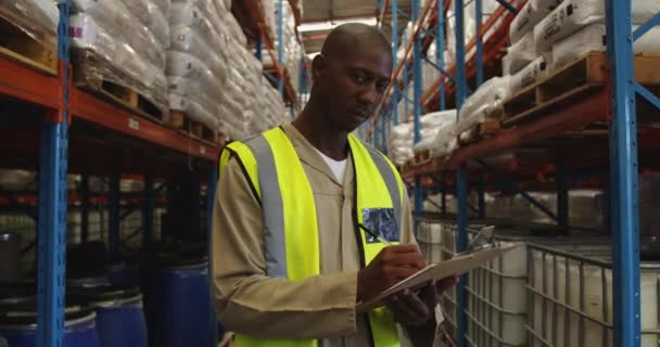 一个年轻的非洲裔美国男性仓库工人站在写于剪贴板上的仓库架子旁 面带微笑地看着相机的肖像 — 图库视频影像