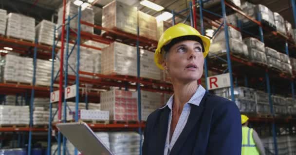 Vue latérale rapprochée d'une femme blanche d'âge moyen gérante d'entrepôt portant un casque jaune, debout dans la baie de chargement d'un entrepôt à l'aide d'un ordinateur tablette . 