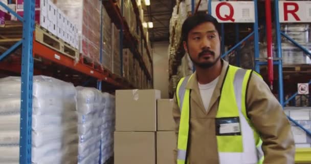 Närbild Ung Asiatisk Manlig Lagerarbetare Som Flyttar Lådor Vagn Från — Stockvideo