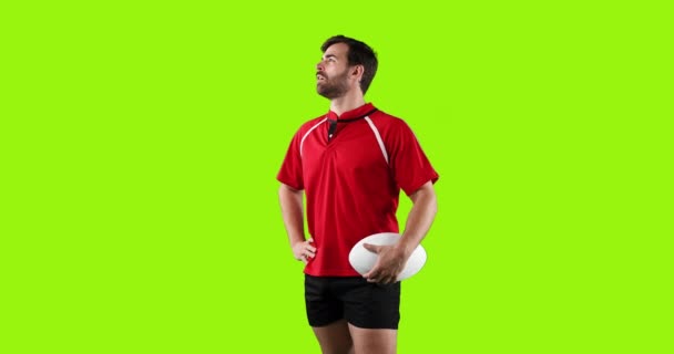 Animation Ung Vit Man Rugby Spelare Stående Titta Runt Och — Stockvideo