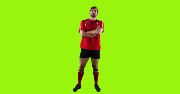 Animation Full Längd Syn Ung Vit Man Rugby Spelare Stående — Stockvideo