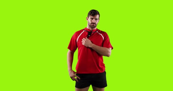 Animation Young Caucasian Male Rugby Player Concentrating Standing Hands Hips — ストック動画