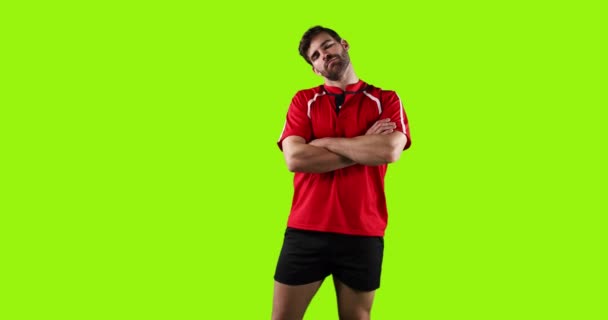 Animation Young Caucasian Male Rugby Player Standing Stretching Arms Crossed — ストック動画