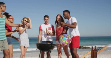 Bir plajda duran ve bira şişeleriyle kadeh kaldıran çok ırklı yetişkin arkadaşların yakın ısbirliği. Genç arkadaşlar birlikte 4k plajda yaz eğlencesi