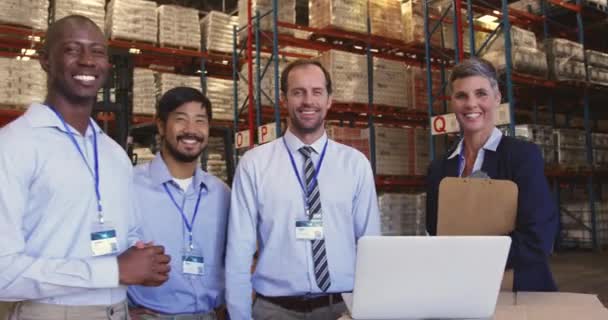 Portrait Diverse Group Warehouse Managers Staff Standing Laptop Computer Warehouse — Stock Video