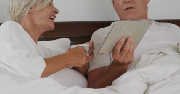 Front View Close Senior Caucasian Woman Man Bed Holding Coffee — Stock Video