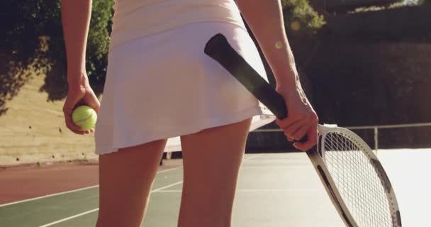 一个年轻的白种妇女在球场上打网球 拿着网球和网球拍的后视中段 — 图库视频影像