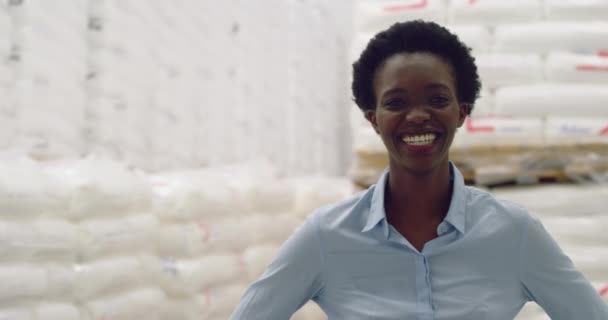 倉庫内のカメラに微笑む若い混合レース女性倉庫マネージャーの肖像画クローズアップ — ストック動画