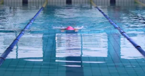スイミングプールでの若い白人女性水泳選手のトレーニングの正面図 平泳ぎ — ストック動画