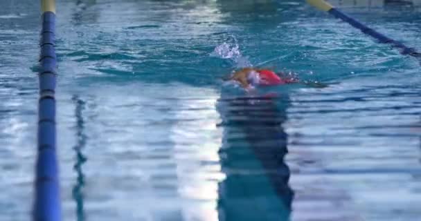 Μπροστινή Θέα Ενός Νεαρού Κολυμβητή Μια Πισίνα Σέρνεται — Αρχείο Βίντεο