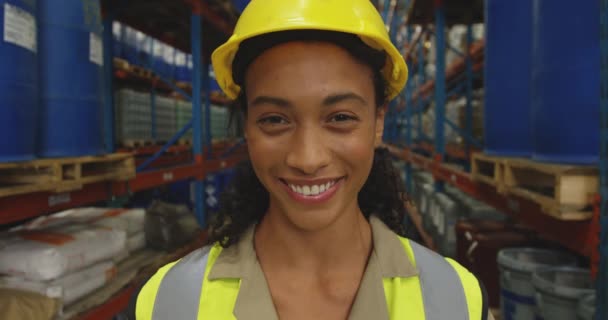 一名年轻的男女混血仓库工人头戴黄色硬礼帽 面带微笑地在仓库里拍照 这幅肖像非常逼真 — 图库视频影像