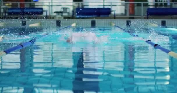 Vue Face Jeune Nageur Caucasien Entraînant Dans Une Piscine Papillon — Video