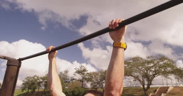 Side View Close Young Caucasian Man Hanging Climbing Frame Doing — Stock Video