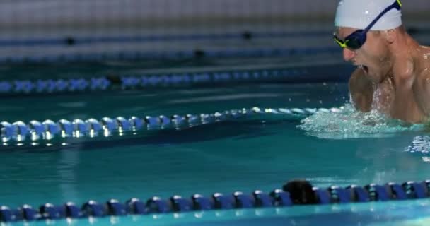 Vista Lateral Cerca Joven Nadador Caucásico Entrenando Una Piscina Pecho — Vídeos de Stock