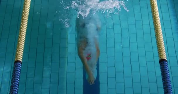 一个年轻的白种女游泳运动员在游泳池里训练 跳入水中的俯视图 — 图库视频影像