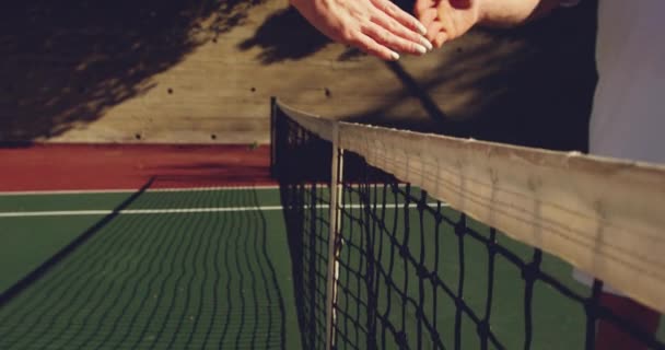 Genç Beyaz Bir Kadın Kortta Tenis Oynayan Maçtan Sonra Sıkışan — Stok video