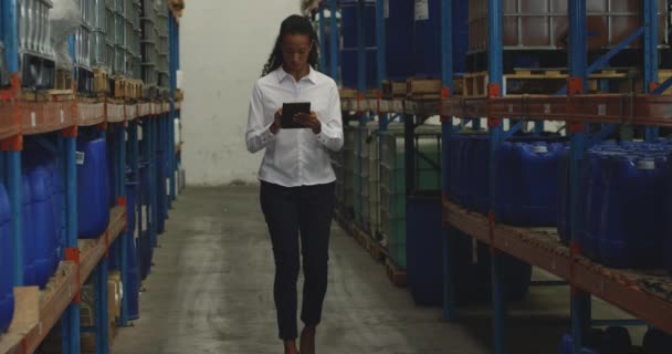 Front View Young Mixed Race Female Warehouse Manager Using Tablet — Stock Video