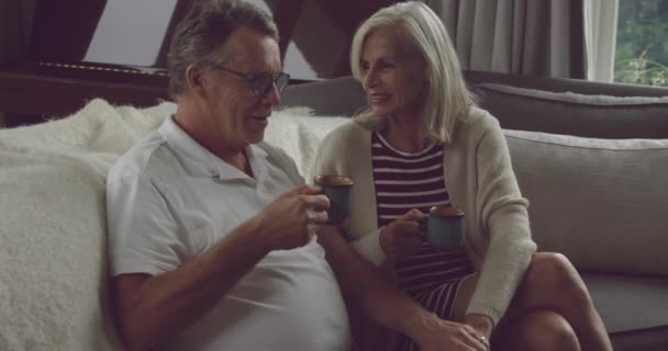 Front View Senior Caucasian Woman Man Sitting Couch Drinking Coffee — Stock Video