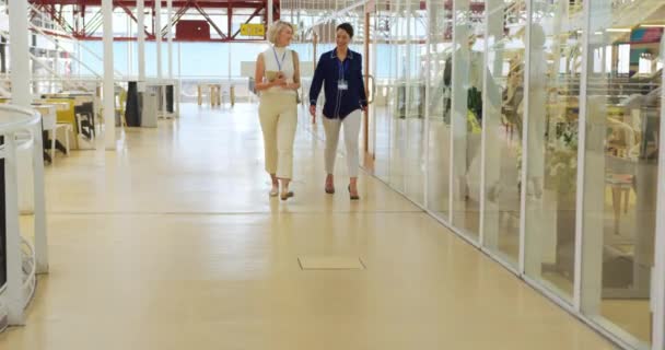 Vooraanzicht Van Twee Blanke Zakenvrouwen Die Samen Foyer Lopen Een — Stockvideo