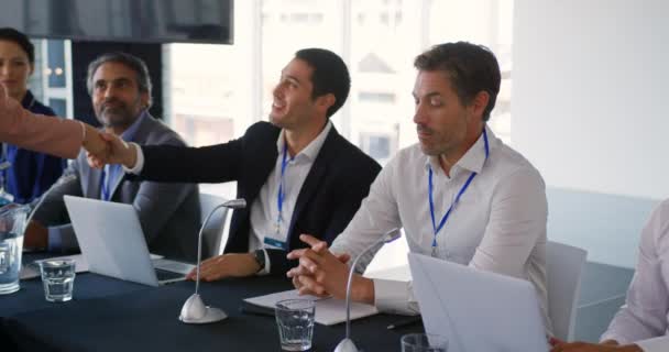 Side View Young Caucasian Businessman Sitting Panel Delegates Business Conference — Stock Video