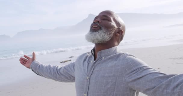 Kollarını Uzatmış Gözleri Deniz Kenarındaki Bir Plajda Kapalı Duran Olgun — Stok video
