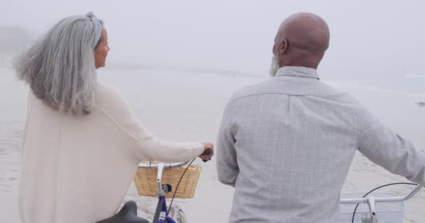 바다가 해변을 자전거를 성숙한 커플의 — 비디오