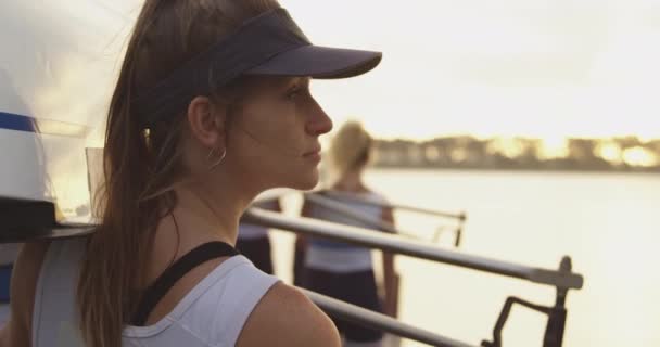 Portrait Young Adult Caucasian Female Rower Turning Smiling Camera While — Stock Video