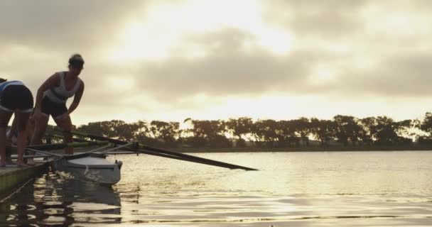 一支由四名年轻的成年白种女赛艇运动员组成的队伍 在河上训练前准备桨和赛车壳 — 图库视频影像