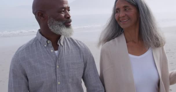 Front View Close Mature Mixed Race Couple Holding Hands Walking — Stock Video