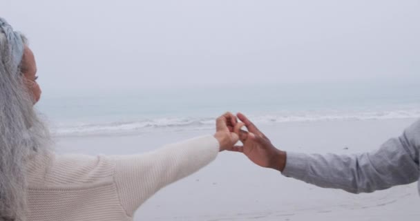 Vista Lateral Cerca Una Feliz Pareja Madura Raza Mixta Bailando — Vídeo de stock