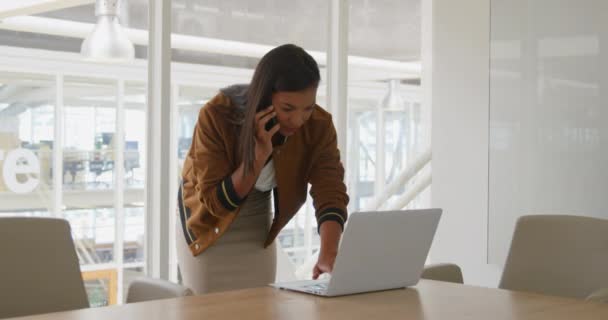 Vorderseite Der Glücklichen Jungen Gemischten Rasse Weibliche Business Kreative Arbeiten — Stockvideo