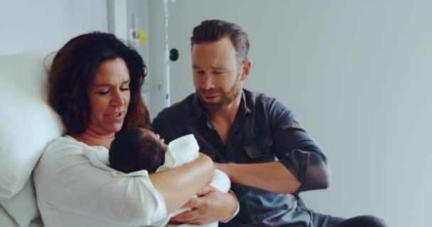 Front View Caucasian Couple Holding Newborn Baby Ward Hospital Interacting — Stock Video