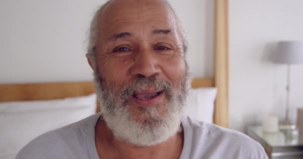 Portrait Close Mature Mixed Race Man Sitting Bed Smiling Camera — Stock Video