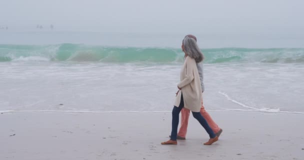 手をつないで海辺のビーチを歩く成熟した混合レースカップルの側面図 — ストック動画