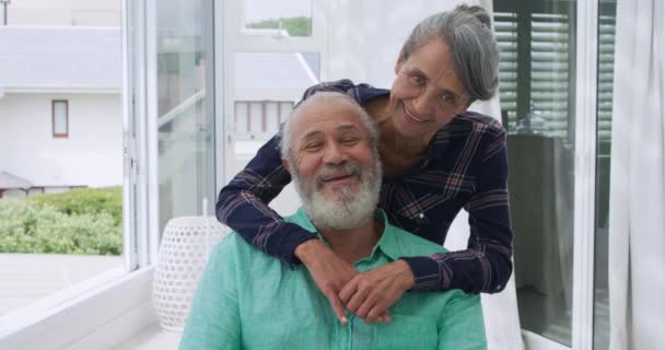 Front View Close Mature Mixed Race Couple Embracing Smiling Camera — Stock Video