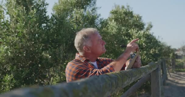 Seitenansicht Eines Reifen Kaukasischen Bauern Einem Biologischen Landwirtschaftlichen Feld Der — Stockvideo