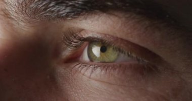 Yan görünüm bir adamın yeşil gözünün yakından detayı bir yandan diğer yana bakan