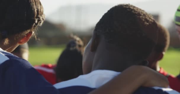 Rückansicht Einer Mannschaft Junger Erwachsener Multiethnischer Rugbyspielerinnen Die Einem Gedränge — Stockvideo