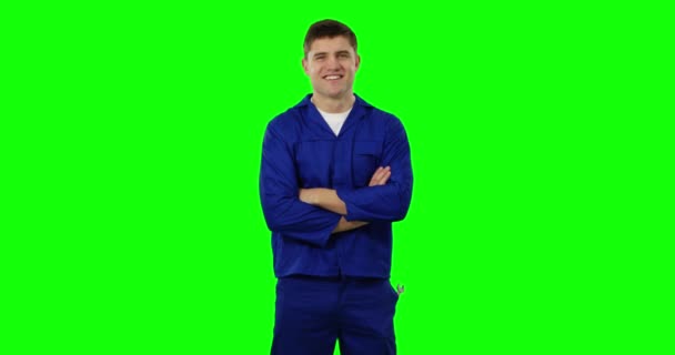 Front View Young Caucasian Handyman Wearing Blue Overalls Cap Smiling — Stock Video