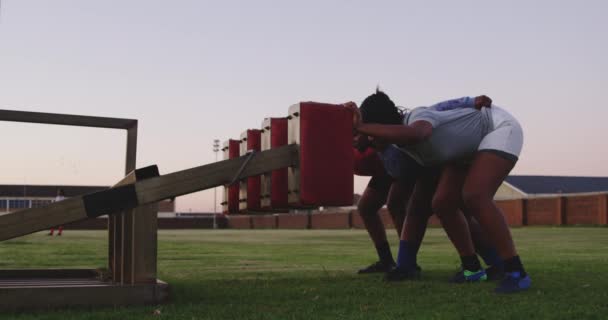 Side View Three Young Adult African American Female Rugby Players — ストック動画