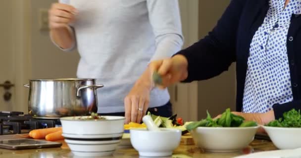 Mutter Und Tochter Bereiten Hause Der Küche Essen — Stockvideo