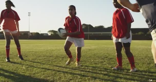 Vista Lateral Perto Grupo Jovens Jogadores Rugby Femininos Adultos Multi — Vídeo de Stock