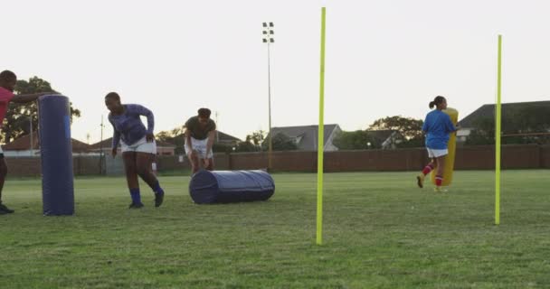 Vista Lateral Grupo Jugadoras Rugby Multiétnicas Adultas Jóvenes Que Practican — Vídeos de Stock