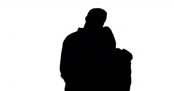 Rear View Couple Looking Embracing Pointing Black Silhouette White Background — Stock Video