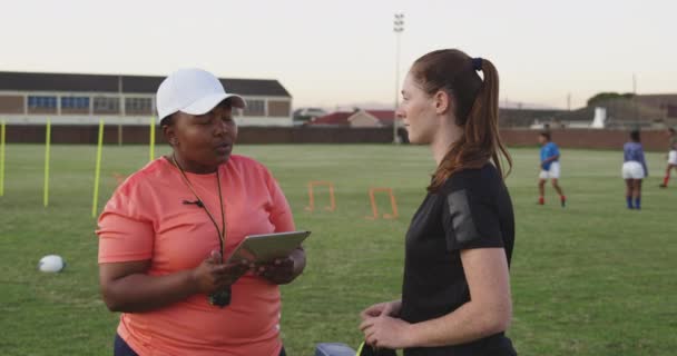 Vue Latérale Entraîneur Rugby Féminin Âge Moyen Tenant Une Tablette — Video